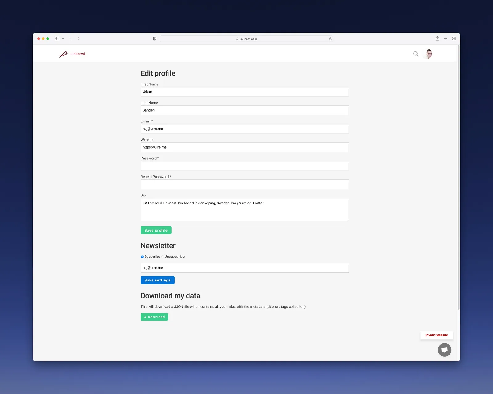 Editing your profile, including the data export