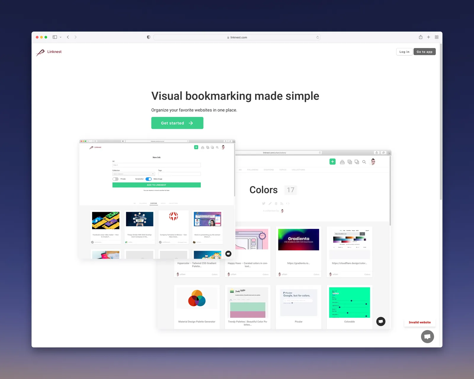 The Linknest landing page — 'Visual bookmarking made simple'