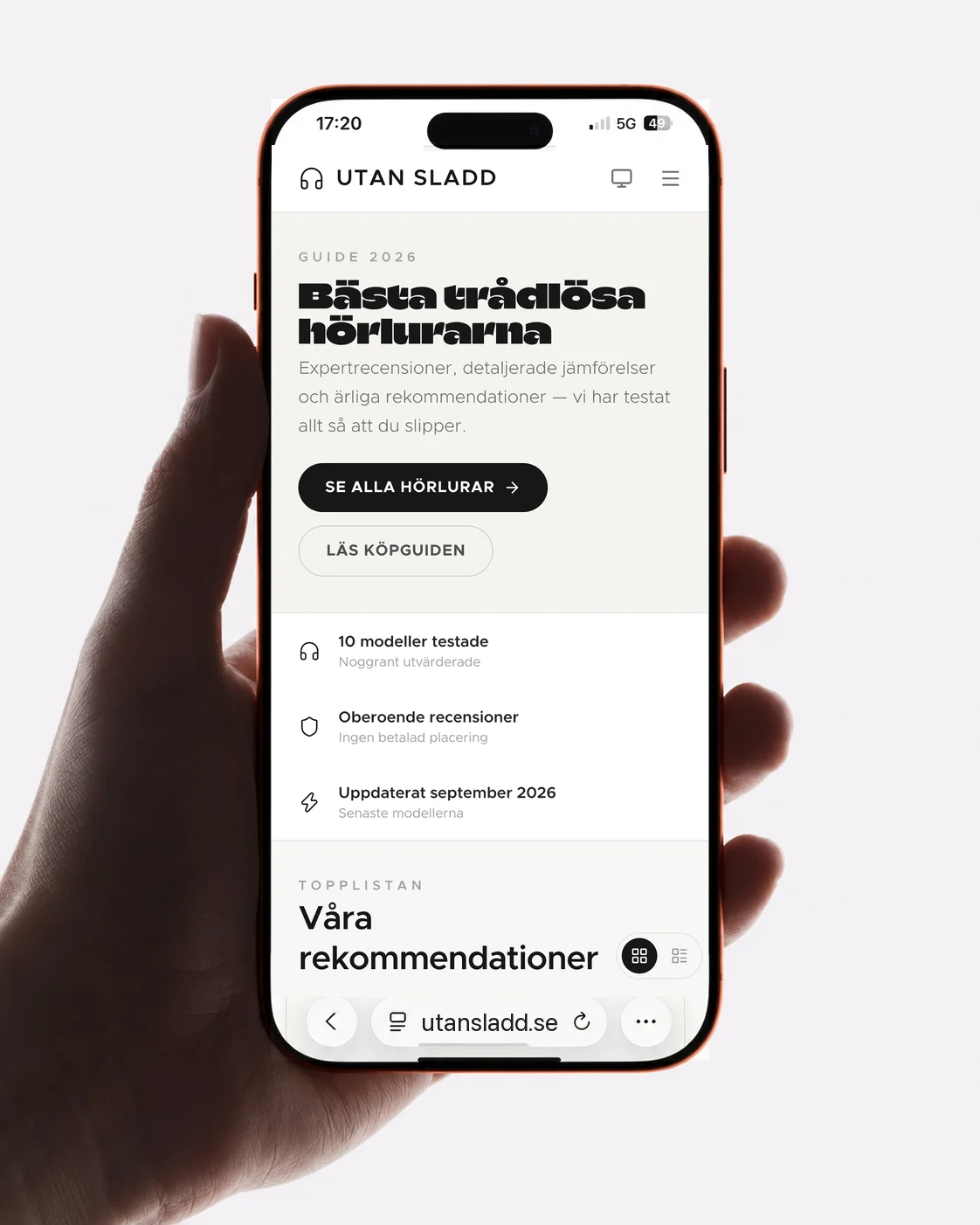 Utan Sladd on an iPhone, showing the guide hero and the trust badges