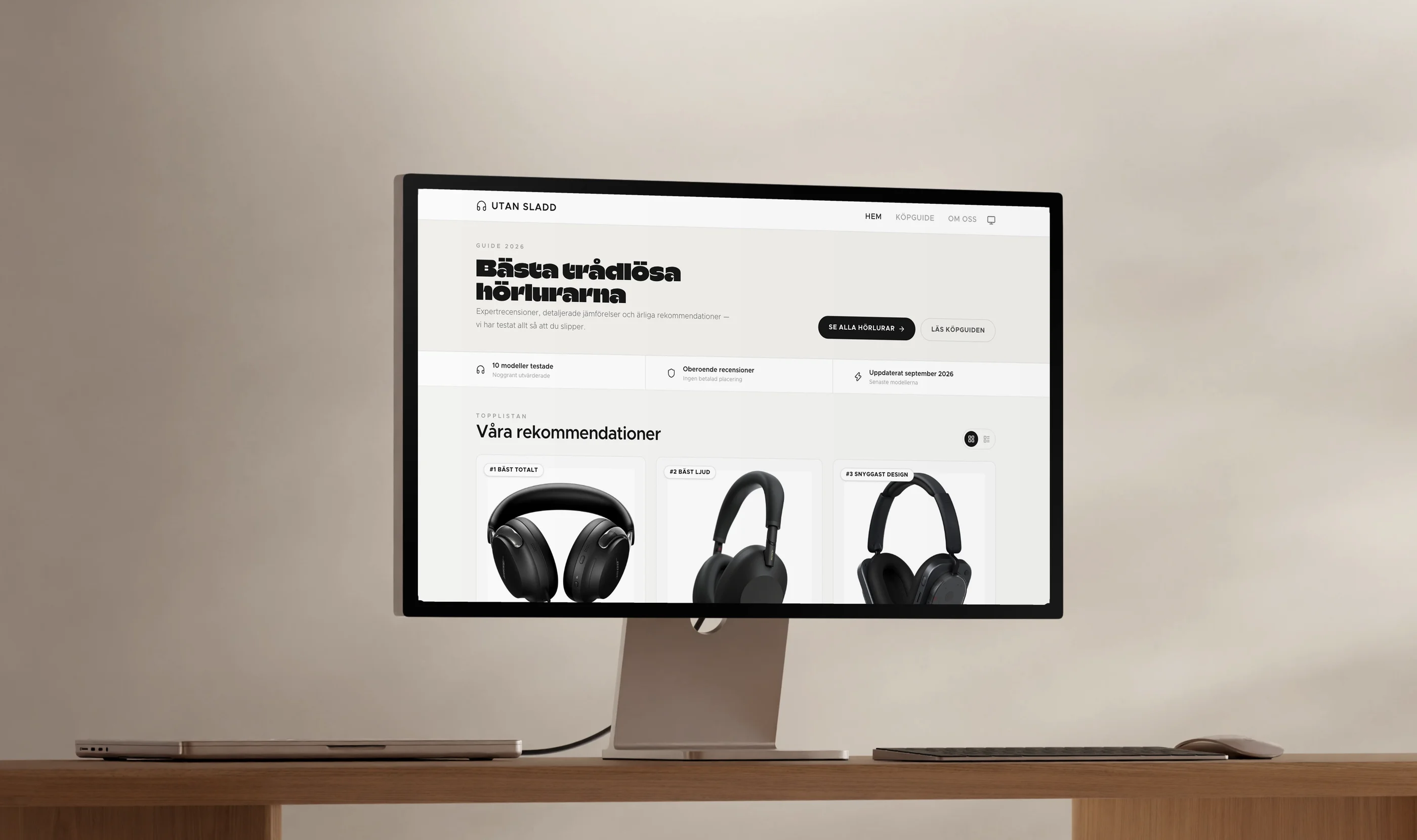 Utan Sladd on a Studio Display, showing the guide hero and the top three recommendations